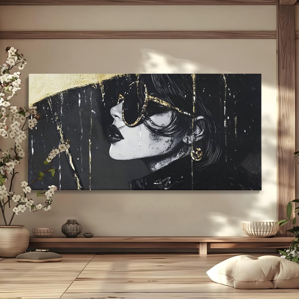 Tablou canvas cu tablou canvas cu femeie in ploaie stilizata, fara rama, pe sasiu de lemn